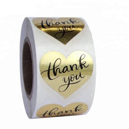 Lámina de oro impresión de vinilo etiqueta autoadhesiva en forma de corazón personalizado gracias pegatinas por embalaje